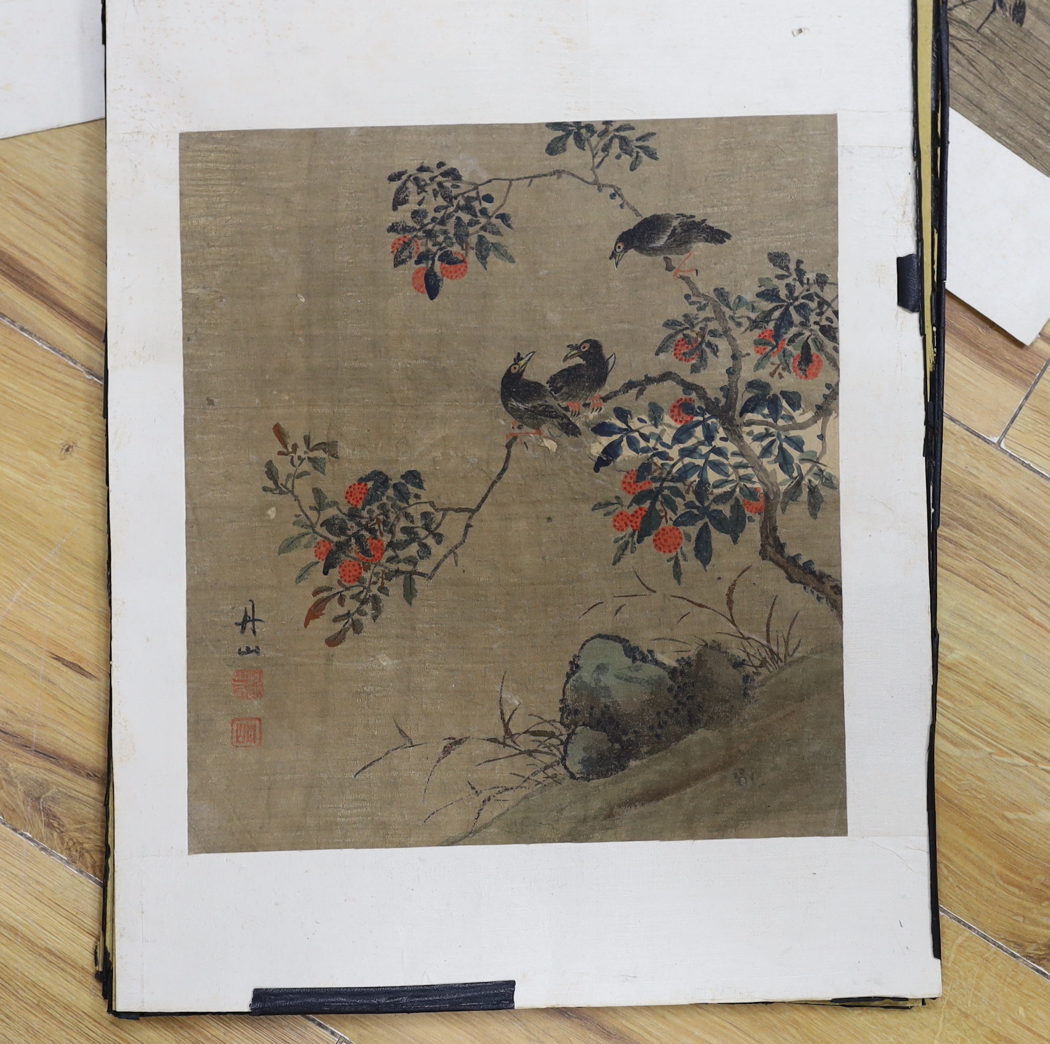 A set of Six Chinese Qing style watercolours, possibly on silk, Birds amongst flowers, 39 x 30cm, unframed